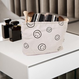 HFZRZFH Large Capacity Corduroy Smiley Face Makeup & Cosmetic Bag - Zipper Organizer for Women, Ideal for Travel and Daily Use