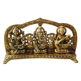 Charmy Crafts White Gold Metal Laxmi Ganesh Saraswati Handcrafted Showpiece for Home Decor Gift Item