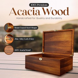 LUSH & STYLE Large Memory Box For Keepsakes Acacia Wood Box, Decorative Boxes With Hinged lid and locking key, Memory treasure Wood Box, Wooden Storage Box, Wooden Gift Box. Size: 11x9x5 Inches