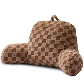 A Nice Night Faux Fur Reading Pillow,Checkered Fluffy Grid Plaid,Bed Wedge Pillow Large Adult Children Backrest with Arms for Bedrest,Brown