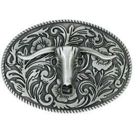 bcol Silver Gray Floral Bull Skull Western Belt Buckle Cowboy Rancher Mens Womens