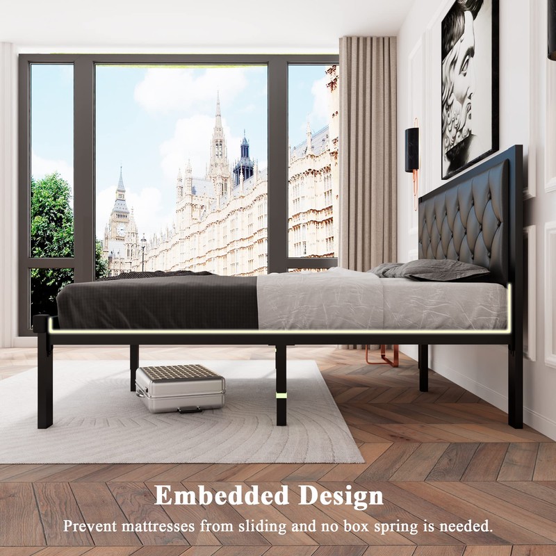 Feonase Queen Size Metal Bed Frame with Faux Leather Button