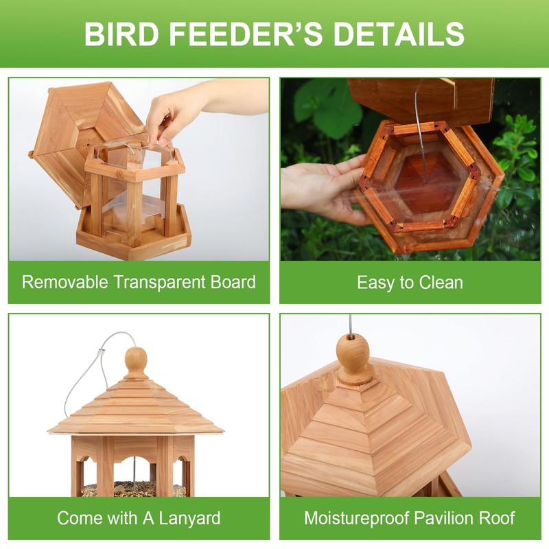 Liawm Wooden Bird Feeder for Outdoors Hanging, Red Cedar Hexagon