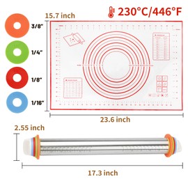 SHIKORI Rolling Pin and Silicone Baking Pastry Mat Set, Stainless Steel Dough Roller with Adjustable Thickness Rings, for Pizza, Pie, Pastries, Pasta, Cookies,etc. (Red-Mat)