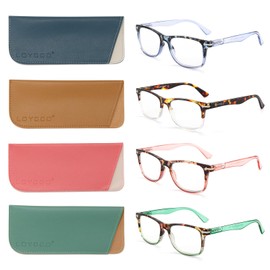 Loycco 4 Pack Computer Reading Glasses Real Coating Blue Lens Anti Blue Light Blocking Anti Eyestrain Flexible Lightweight Square Readers With Leather Case for Women Men