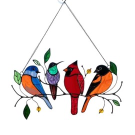 Stained Birds-On-A-Wire Window Panel Hanging Suncatcher Ornament Gifts, Home Decor Accent, Easy-to-Hang Design, Vibrant Artwork