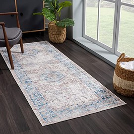 Bloom Rugs Caria Washable Non-Slip 10 ft Runner - Beige / Ocean Blue Runner for Entryway, Hallway, Bathroom and Kitchen - Exact Size: 2'6" x 10'