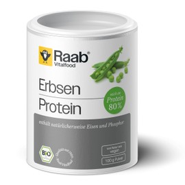 Raab Vitalfood Erbsen Protein Pulver Bio (100 g), 80% pflanzliches Protein, vegane Proteinquelle, reich an Eisen, enthält natürlicherweise Phosphor und alle acht essentiellen Aminosäuren