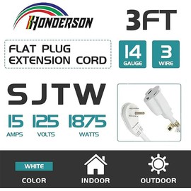 Honderson 3FT Extension Cord - Flat Plug 3 Prong Indoor Extension Cable White 14 Gauge Heavy Duty Cable for Kitchen Home Appliance, UL Listed