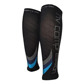 NV Compression Essential Race and Recover Calf Guards/Sleeves (PAIR) 20-30mmHg - For Sports Recovery, Shin Splints, Medical, Work, Flight - Running, Cycling, Gym (Bk/Blue Chevrons, L-XL)