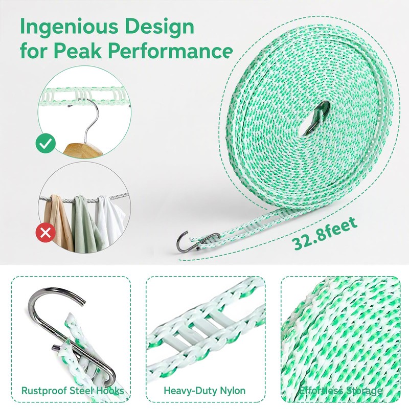 10m Clothes Lines, Portable Washing Line Extra Strong & Water