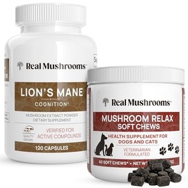 Real Mushrooms Lion’s Mane for Humans (120ct) & Mushroom Pet Relax Chews (60 Chews) - Bundle for Cognition & Relaxation - Vegan, Non-GMO, Gluten-Free, Grain-Free Mushroom Extract Supplements