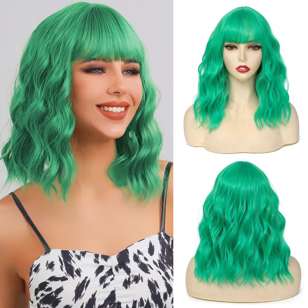 noxozoqm Wig with Bangs for Women Short Bob Wavy Green