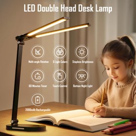 kvppvt LED Double Head Desk Lamp with Night Light, 5 Color Temp, Slide Steplessly Adjust Brightness, 60 min Timer, Touch Control, Foldable Table Light for Working, Reading (Black Rechargeable)