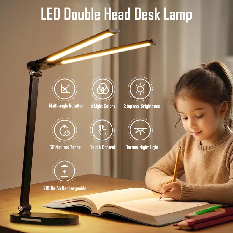 kvppvt LED Double Head Desk Lamp with Night Light, 5
