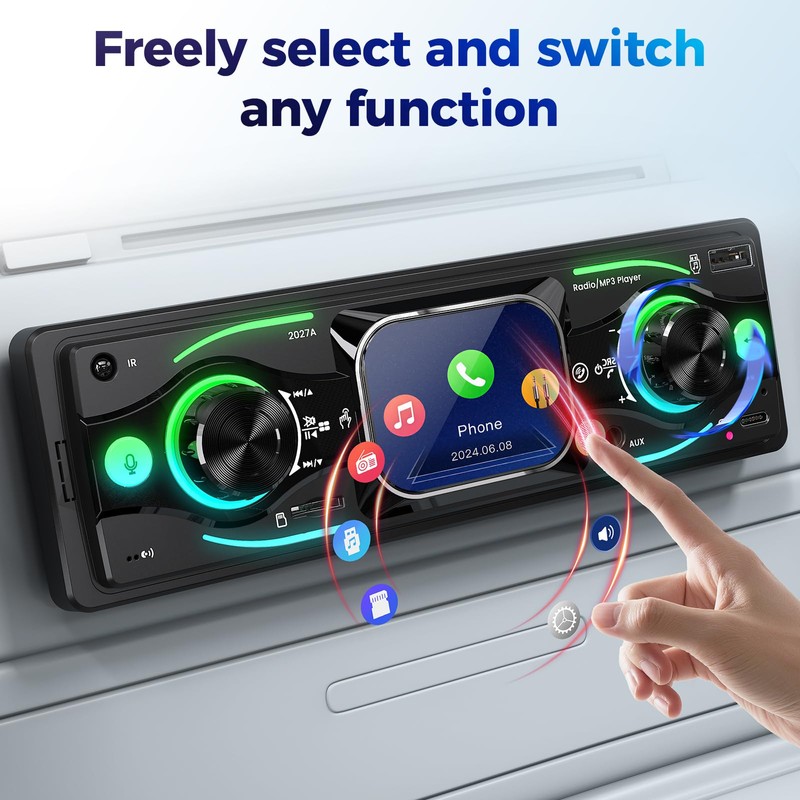 Single DIN Car Stereo with Touchscreen, Bluetooth Audio, Car Radio
