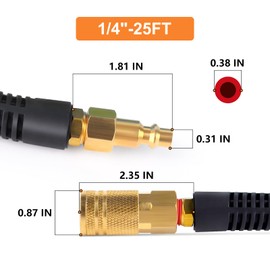 GASHER 1/4" x 25FT Red Reinforced Polyurethane Recoil Air Hose with Bend Restrictor, 1/4" Industrial Quick Coupler and Plug