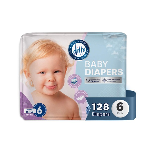 Ditto Baby Diapers Size 6 (128 Count) – Breathable Disposable