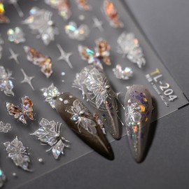 Butterfly Nail Stickers Flower Nail Art Decals with Pearl Design Floral Nails Stickers 5D Embossed Self Adhesive White Brown Nails Charms for Women Girls Manicure DIY Supply Decoration