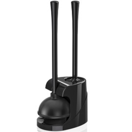 Toilet Plunger and Brush, Bowl Brush and Heavy Duty Toilet Plunger Set with Ventilated Holder, 2-in-1 Bathroom Cleaning Combo with Modern Caddy Stand (Black)