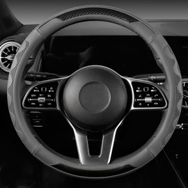 SEG Direct Car Steering Wheel Cover Medium Size 14 1/2"-15" Embossed Microfiber Leather with Carbon Fiber Pattern Gray