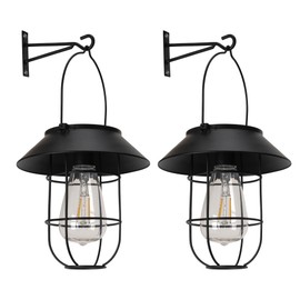 Livinlarge Solar Lanterns Outdoor Waterproof,Hanging Solar Lights for Outside with Wall Hooks Windproof Hook,Retro Metal Outdoor Lanterns Auto On/Off for Porch,Patio,Garden,Yard Decor 2 Pack（Black）