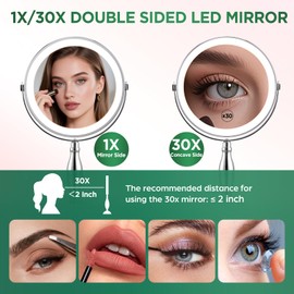 DASLAVA 30x Magnifying Mirror, Lighted Makeup Mirror with 3 Colors Modes & Adjustable Brightness, 360° Rotation Double Side, Large Magnifying Vanity Mirror, Gifts for Women