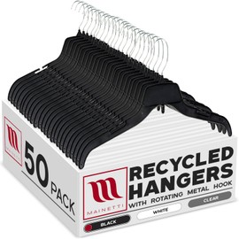 Mainetti 484 Recycled Black Plastic Hangers - 50 Pack with Rotating Metal Hook and Notches for Straps, Great for Shirts/Tops/Dresses, 17-Inch