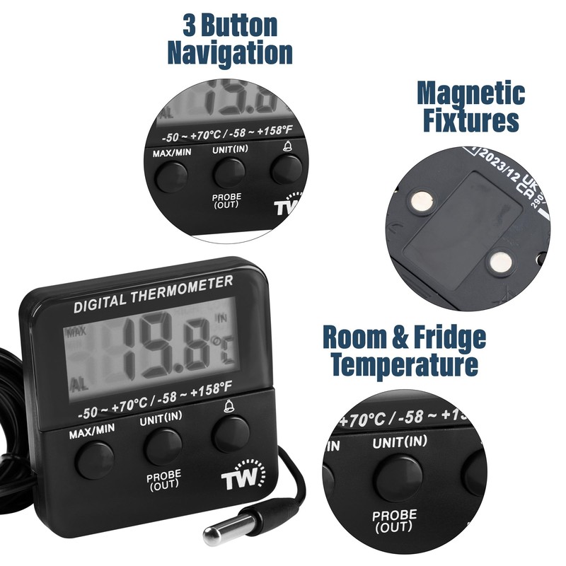 Digital Fridge Thermometer with Alarm Clock and Maximum/Min Temperature Function
