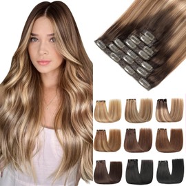 EINbeauty Clip-In Real Hair Extensions, 7 Pieces, 120 g, 45 cm, Dark Brown with Chestnut Brown with Ash Blonde, Clip-In Extensions (18 Inches, 2/6/18 K#)