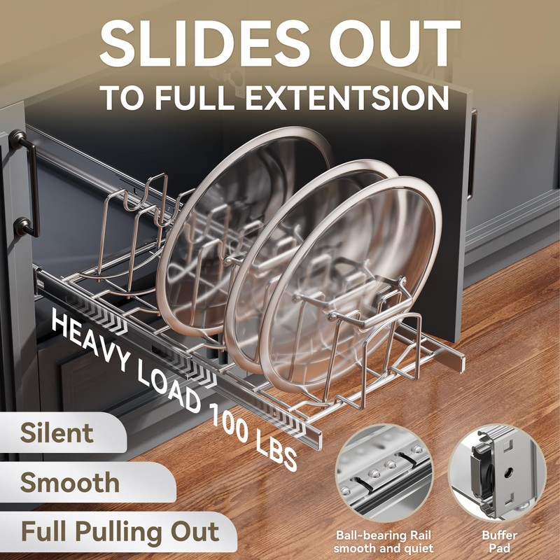 STORKING Slide Out Pot Lid Organizer Under Cabinet, Wire Dividers