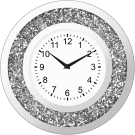 Couperos Diamond Mirrored Round Large Wall Clocks for Living Room Decor, Silver Crystal Sparkle Twinkle Bling Diamond Glass Wall Clock Decorative for Bedrooms Home Office
