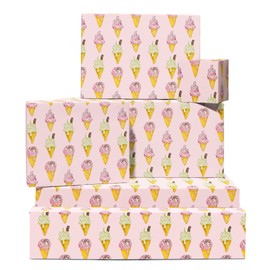Ice Cream Wrapping Paper - Pink And White Ice Creams - 6 Sheets Of Birthday Gift Wrap For Girls - Pastel Pink Wrapping Paper - Comes With Stickers - By Central 23