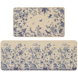 Baccessor Blue Spring Kitchen Mats Set of 2, Monochrome Sketch Birds Flowers Kitchen Rugs for Floor Non Slip Absorbent Low-Profile Seasonal Farmhouse Home Decor 17x29 and 17x47 Inch
