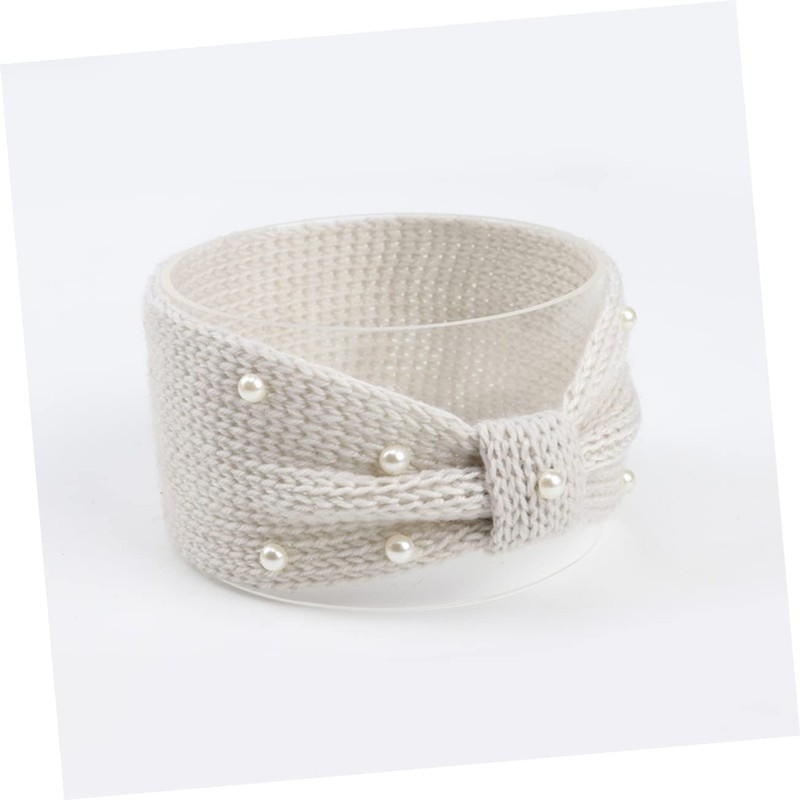 FOMIYES Warm Knit Woolen Headband Pearl Bowknot Crochet Hair Band
