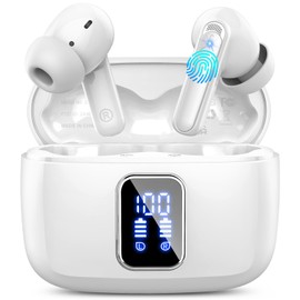 Wireless Earbuds Bluetooth 5.3, 4 ENC Noise Cancelling in Ear Headphones with 48H Playtime, IPX7 Waterproof, LED Display, Comfort Fit for Sports, Moon White