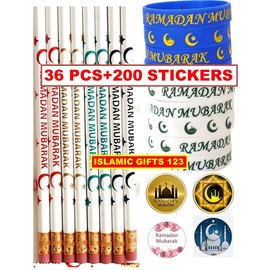 Islamic Gifts 123 Ramadan Favors 36 Pack+ 200 Ramadan Stickers Ramadan Pencils Wristband Ramadan Mubarak Decoration Eid Gift Eid Favors Islamic Favors Islamic Wall Decoration