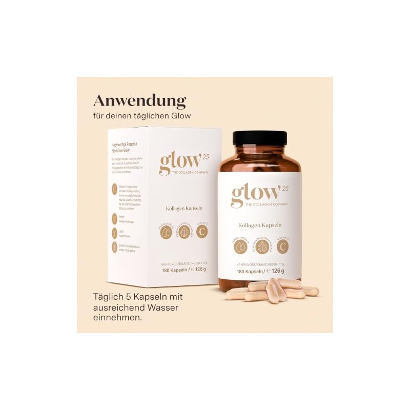 Glow25 Collagen Capsules High Dose [180 Capsules] with Hyaluronic Acid