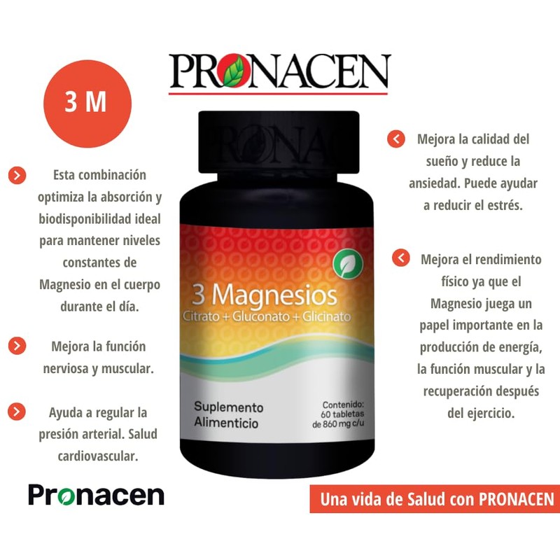 PRONACEN 3 Magnesios 60 tabletas | Citrato + Gluconato +