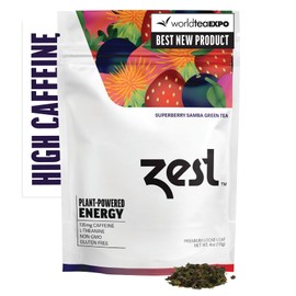 Zest 135mg High Caffeine Energy Loose Leaf Blend - Superberry Samba Green Tea - 4 Oz - Hot or Iced - All Natural Strong Flavored Healthy Coffee Highly Caffeinated Substitute - Perfect for Keto Diet