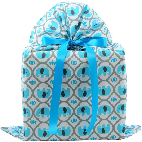Elephants Reusable Fabric Gift Bag for Baby Shower, Child’s Birthday, or Any Occasion (Large 20 Inches Wide by 27 Inches High, Turquoise Blue)