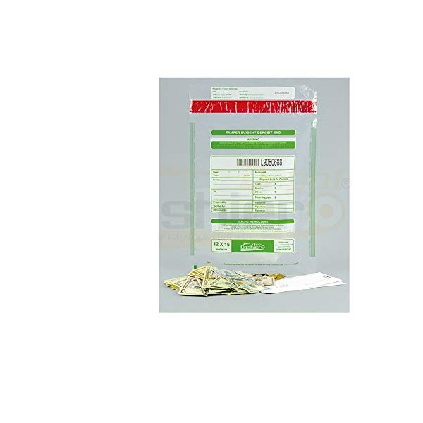 100 Cashier Depot Tamper Evident Bank Deposit Bags, 12" x 16" Clear, Serialized Numbering, Barcode, Press & Seal Void Closure Tape (100 Bags)