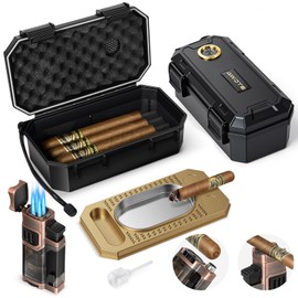 AWOTE Travel Cigar Humidor Set with Torch Lighter, Ashtray, Holder, Humidifier & Hygrometer, Portable Travel Cigar Case with Cigar Accessories for Men Gift, Butane not included