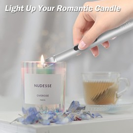 Encendedor de velas, encendedor eléctrico recargable por USB, arco resistente al viento, encendedor de plasma sin llama, palo largo con cuerda y anillo, sin líquido de butano, perfecto para velas, barbacoas, camping, cocina, estufa, color plateado