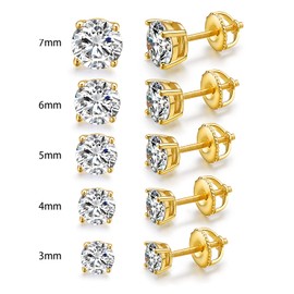 5 Pairs 18K Yellow Gold Plated Round Cut Clear Cubic Zirconia Stud Earring Pack with Screw Back Earring Set 3-7mm
