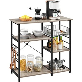 Yaheetech Kitchen Baker Rack Utility Storage Shelf with Wire Basket 6 S-Shaped Side Hooks Coffee Bar Table Station, Microwave Oven Stand Durable Kitchen Storage Shelf Ample Storage Kitchen Cart, Gray