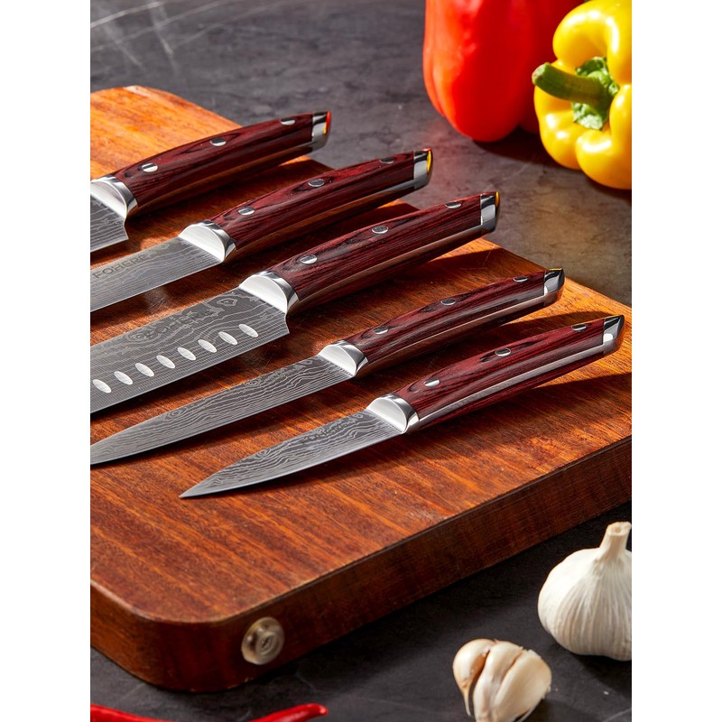 FOHERE Kitchen Knife Set with Ergonomic Red Pakkawood Handle, 5