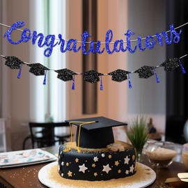 FHGG Pre Strung Congratulations Banner Graduation Decorations Class of 2025 Blue Glitter Congrats Grad with Tassel Party Decor College High School Favors Black NO DIY