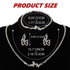 EARENT Rhinestone Butterfly Jewelry Silver Set Bridal Jewelry Sets For Wedding Bling Necklace Sparkly Bracelet Crystal Earrings for Women（Set of 3）