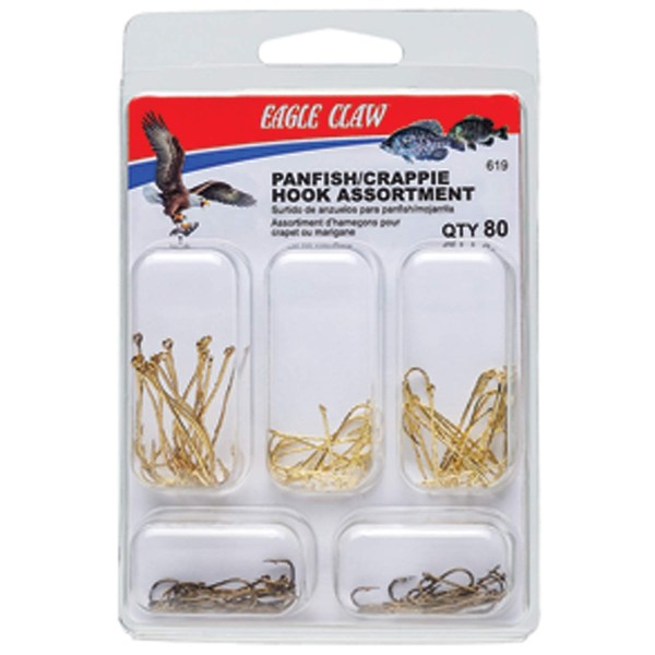Eagle Claw PANFISH/Crappie Hook Assortment, Fishing Hooks for Freshwater PANFISH/Crappie, 80 Hooks, Sizes 2 to 8, Brown, One Size (619H)